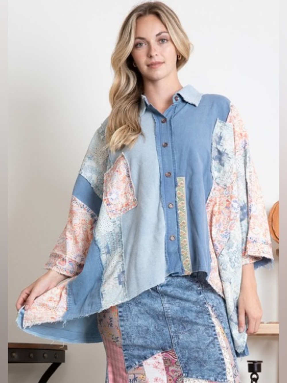 Blue Velvet Short Sleeve Buttoned up Patchwork Boho Oversized Top